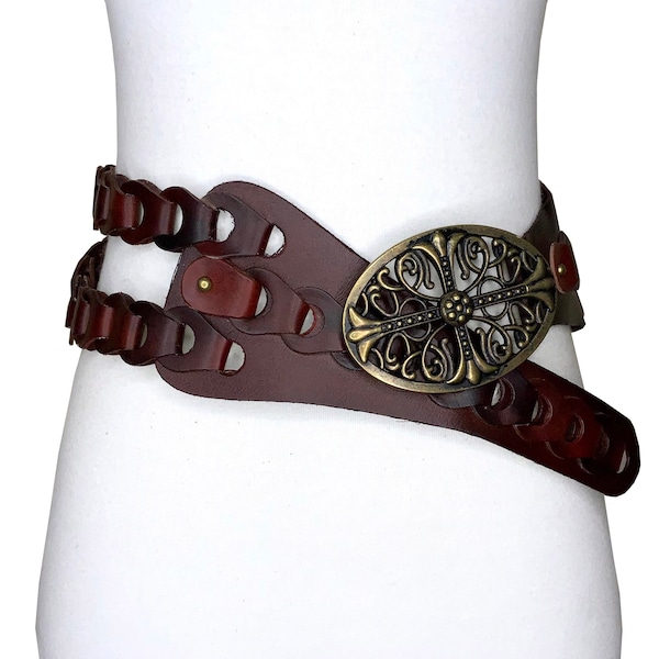 3 1/2" Wide Women's Soft Cowhide Solid Leather Disc Link Braided Western Floral Vintage Oval Double Strap High Low Waist Boho Concho Belt