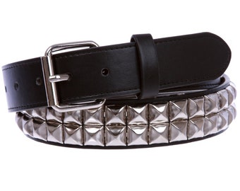 1 1/4" (33 mm) Snap On Two Row Punk Rock Star Silver Gold Pyramid Studded Heavy Duty Durable Fashion Genuine Leather Skinny Boho Concho Belt