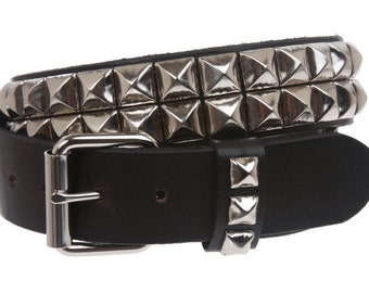 1 1/2" (38 mm) Two Row Punk Rock Star Silver Pyramid Studded Heavy Duty Sturdy Durable Solid Genuine Leather Boho Concho Casual Jean Belt