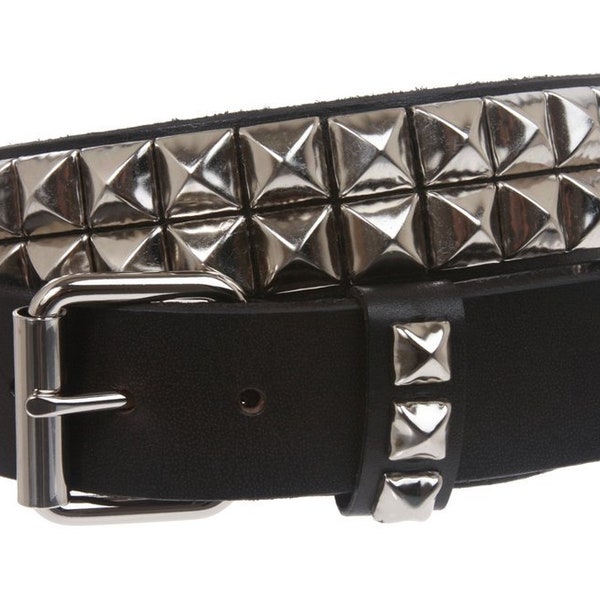 1 1/2" (38 mm) Two Row Punk Rock Star Silver Pyramid Studded Heavy Duty Sturdy Durable Solid Genuine Leather Boho Concho Casual Jean Belt