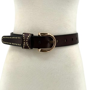 1 1/4"(32mm) Wide Vintage Soft Cowhide Full Grain Leather Durable Flexible Adjustable Gold Rivet Studded Horse Shoe Casual Jean Fashion Belt