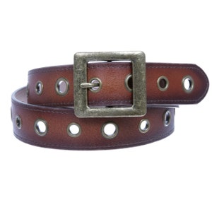 1 1/2" Wide Square Antique Buckle Hollow Out One Row Metal Grommets Adjustable Vintage Distressed Genuine Leather Jean Casual Fashion Belt