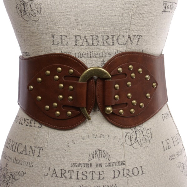 Women's 4" (10.5 cm) Wide High Waist Elastic Stretchy Antique Brass Studded Hook Fashion Leather Belt