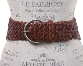 3 1/4"(80mm) Wide Vintage Tapered Braided Woven Round High Low Waist Boho Concho Dress Fashion Soft Cowhide Two Tone Full Grain Leather Belt