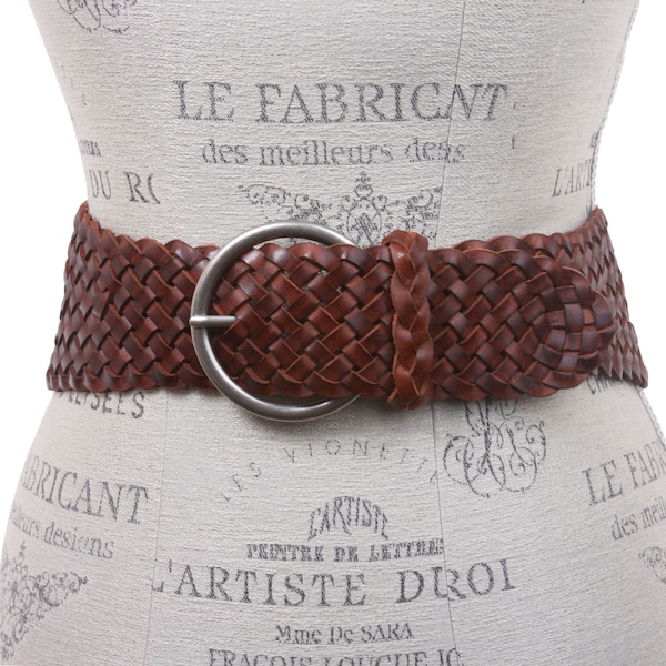 3 1/4"(80mm) Wide Vintage Tapered Braided Woven Round High Low Waist Boho Concho Dress Fashion Soft Cowhide Two Tone Full Grain Leather Belt