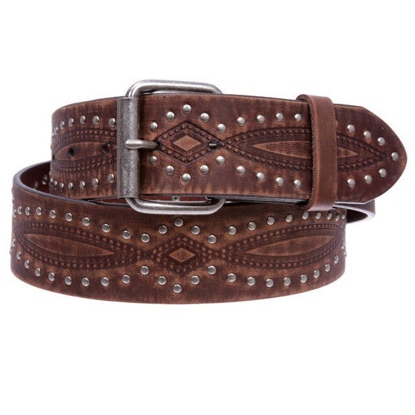 1 3/4" Wide Durable Perforated Engraved Embossed Vintage Soft Cowhide Full Grain Thick Leather Riveted Nailhead Studded Casual Jean Belt