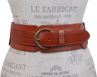 Ladies 3" (75 mm) Wide High Waist Round Disk Linked Braided Cowhide Top Full Grain Leather Belt