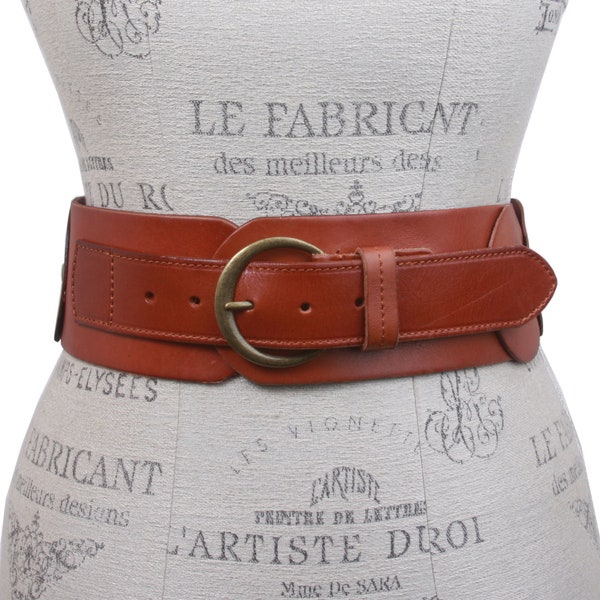 Ladies 3" (75 mm) Wide High Waist Round Disk Linked Braided Cowhide Top Full Grain Leather Belt