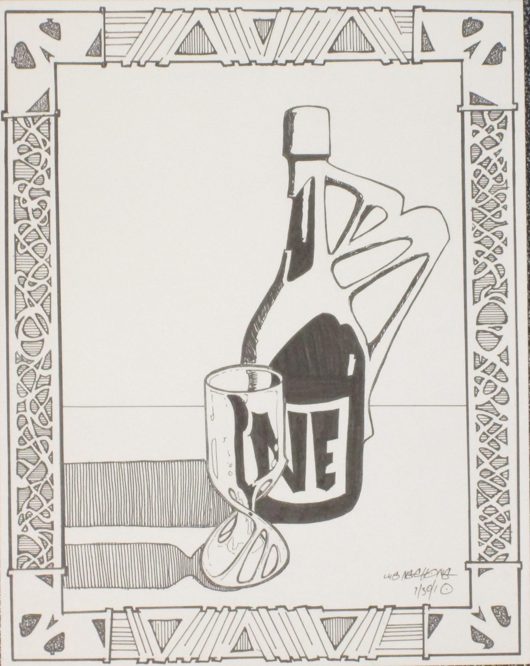 Still Life Pen and Ink Drawing Wine Bottle Wine Glass Art - Etsy