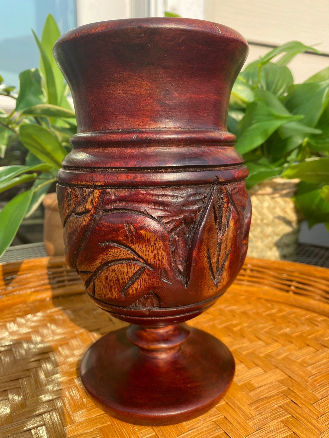 Vintage Wood Carved Vase With Leaves Rich Red Wood Etsy