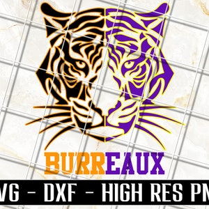 May include: A digital graphic of a tiger's face, split vertically with black and purple halves. The word "BURREAUX" is in orange and purple below the tiger. The bottom banner reads "SVG - DXF - HIGH RES PNG".
