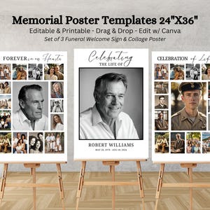 Photo Collage Poster, Set of 3 Funeral Designs, Memorial Poster Template, 24x36 Welcome Sign, Editable Printable, Get Instant Download