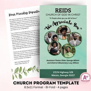 Peut inclure: Un modèle de programme d'église vert et blanc avec le texte "REIDS CHURCH OF GOD IN CHRIST" et "We Appreciate You". Le programme est pour une église située au 17174 Highway 129, Macon, Géorgie 31217. Le programme mesure 8,5 x 11 pouces et est plié en deux.
