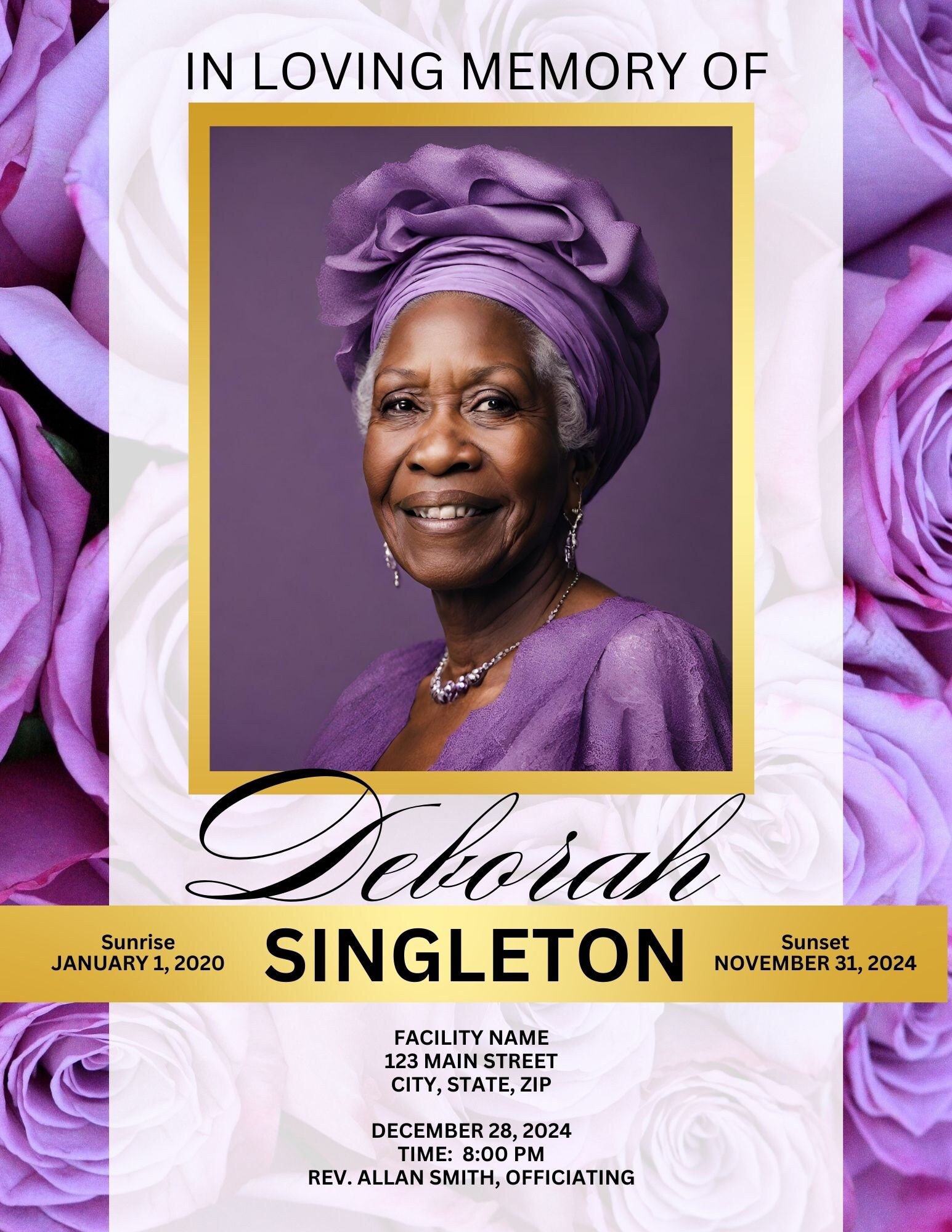 Funeral Program Template Purple Obituary Instant Download Printable