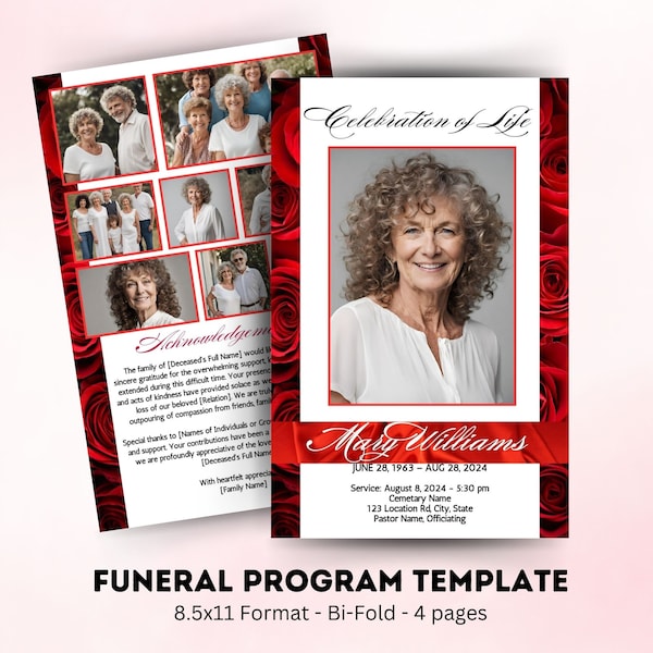 Funeral Program Template, Red Obituary Template, Instant Download, Printable & Editable, US Letter Size,  8.5x11 Bi-Fold, 4 page Program