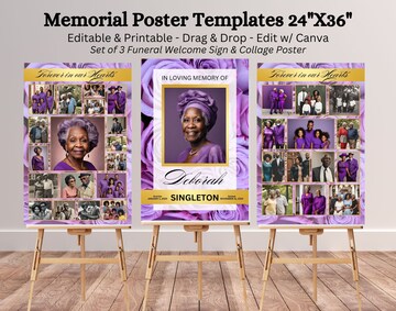 Set of 3 Funeral Sign Poster, Memorial Poster Template, 24x36 inch Collage Poster, Welcome Sign, Editable Printable, Get Instant Download