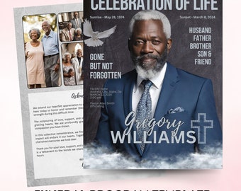 Funeral Program Template, Canva, Obituary for Man, Instant Download, Printable, Editable, Magazine Theme, Funeral Program for Men