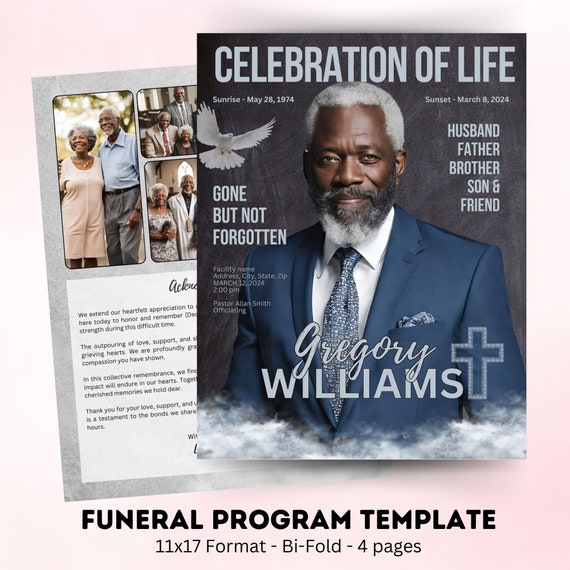 Funeral Program Template, Canva, Obituary for Man, Instant Download, Printable, Editable, Magazine Theme, Funeral Program for Men