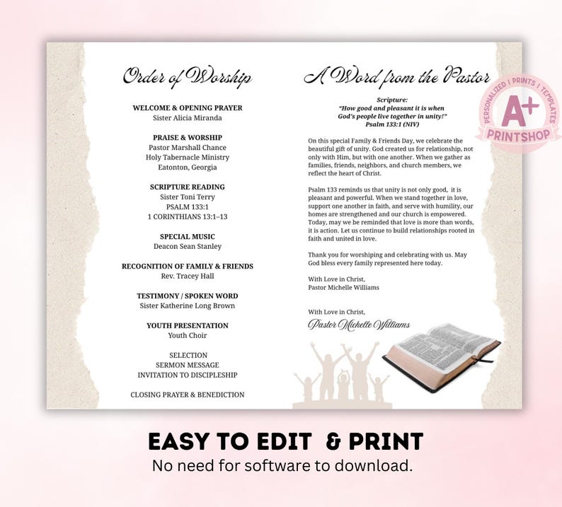 Sample Blessing Program Family & Friends Day Church Program Template, 8.5x11 Bi-fold Canva ...