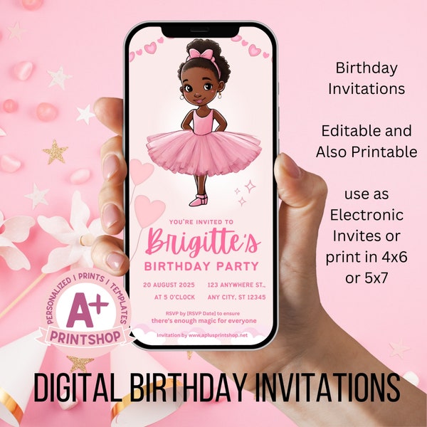 Digital Birthday Card for Girl, Invitation for Girls, Editable Invite, Printable, Ballerina theme, Black Girl, African American, Brown