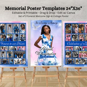 Photo Collage Poster, Set of 3 Funeral Designs, Memorial Poster Template, 24x36 Welcome Sign, Editable Printable, Get Instant Download
