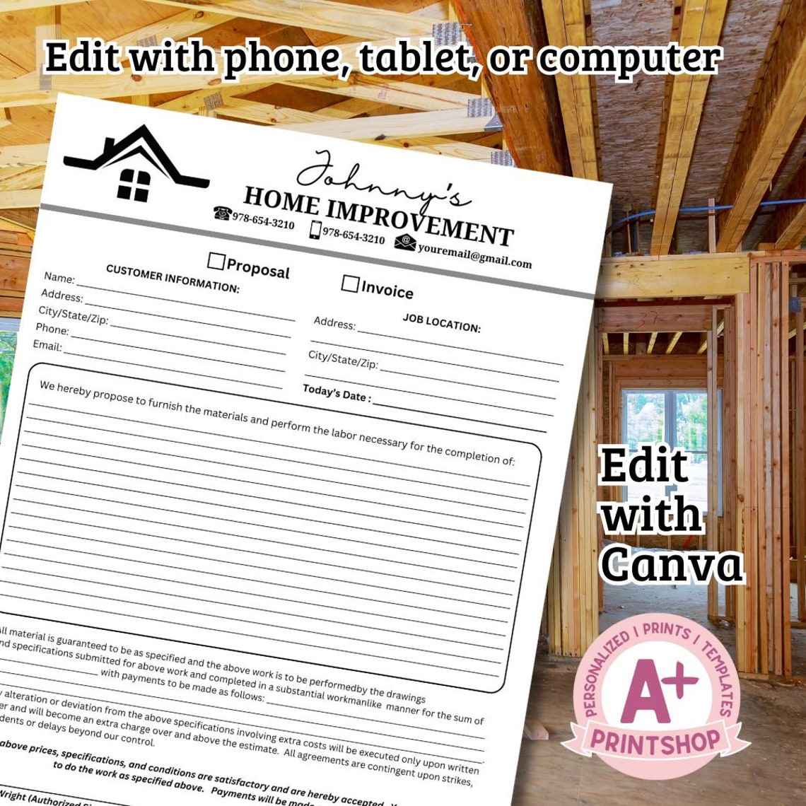 Home Inprovement Invoice Editable Contractor Invoice Template, Home Improvement Business ...