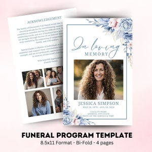 May include: Funeral program template with a blue and gold floral design. The template includes a photo of a woman, the text "In loving memory", and the name "Jessica Simpson".