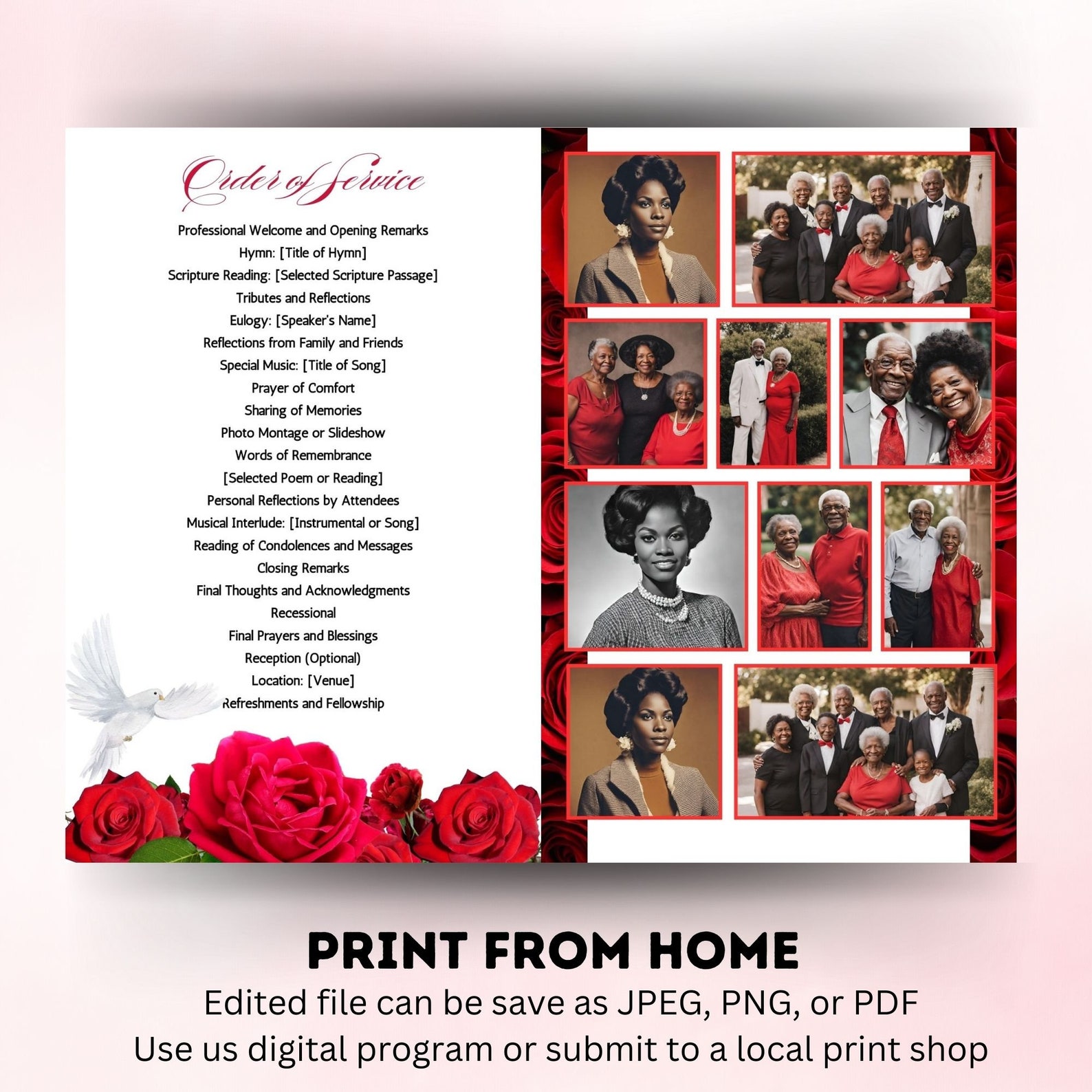 8 Page Funeral Program Template, 8.5x11, Bi-fold, Red Obituary Template ...