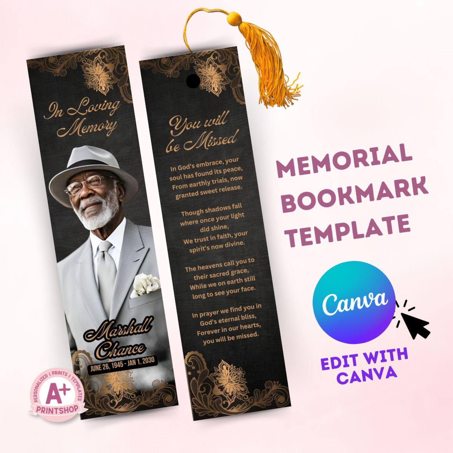 Memorial Bookmark Template, Funeral Program (canva Editable) - Etsy