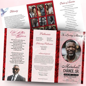 May include: A funeral program with a red rose design. The program includes an obituary, a letter from heaven, a list of pallbearers, an acknowledgement, and an order of service. The program also includes a photo of the deceased, Marshall Chance, Sr. and the text "In Loving Memory".