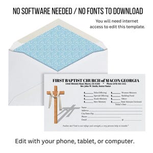 May include: A white envelope with a blue patterned interior, and a printed form for First Baptist Church of Macon Georgia. The form includes fields for tithes, offerings, and contact information. Text on the form reads "No software needed / No fonts to download."