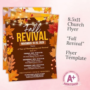 May include: A stack of fall-themed church flyers. The flyers feature a brown background with orange and yellow leaves, the words "Fall Revival," and event details. The flyer is 8.5x11 inches.