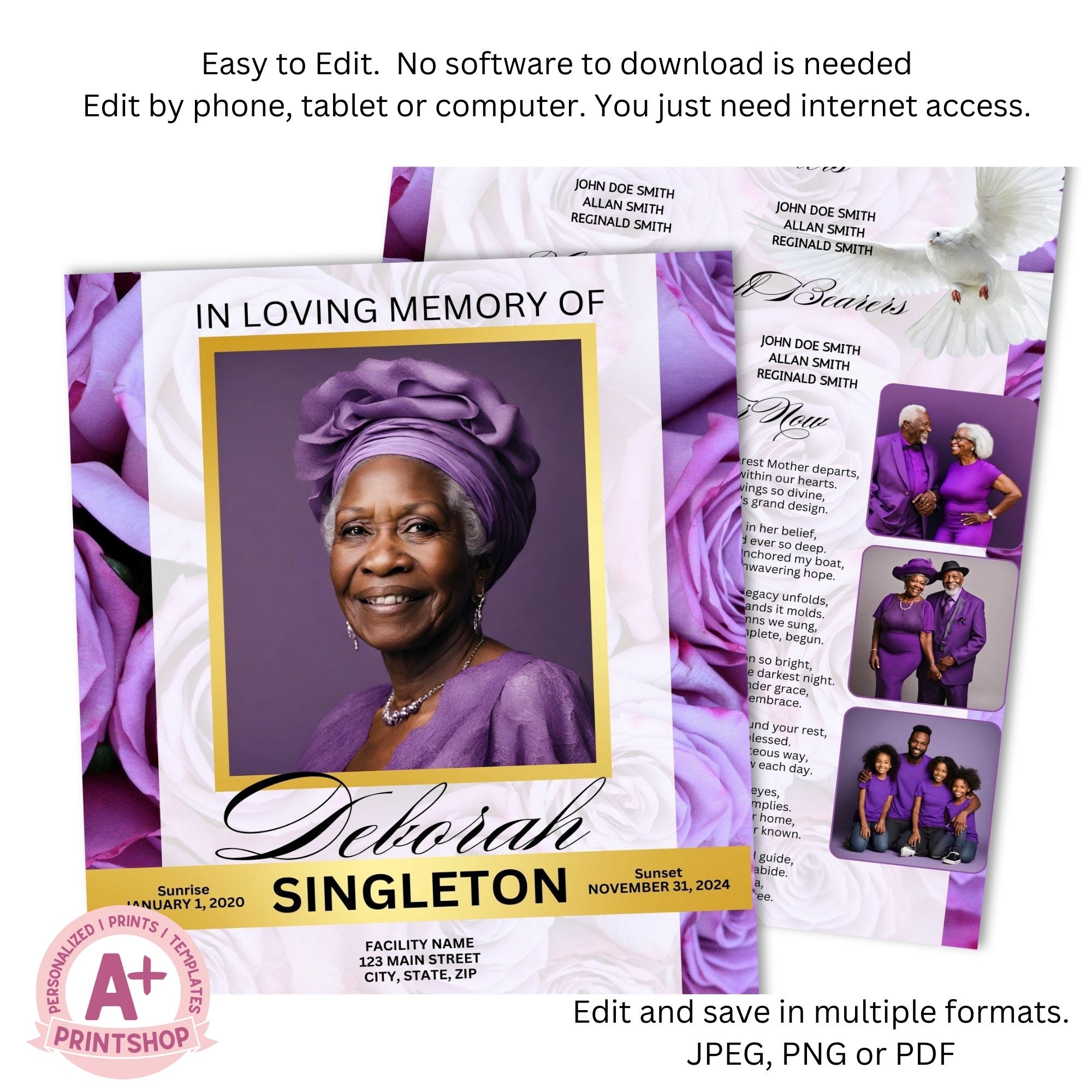 Funeral Program Template Purple Obituary Instant Download Printable