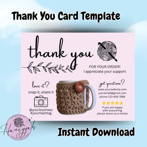 Modelo de cartão postal de agradecimento para crochê para pequenas empresas, download instantâneo, editável e imprimível, personalizado e customizado