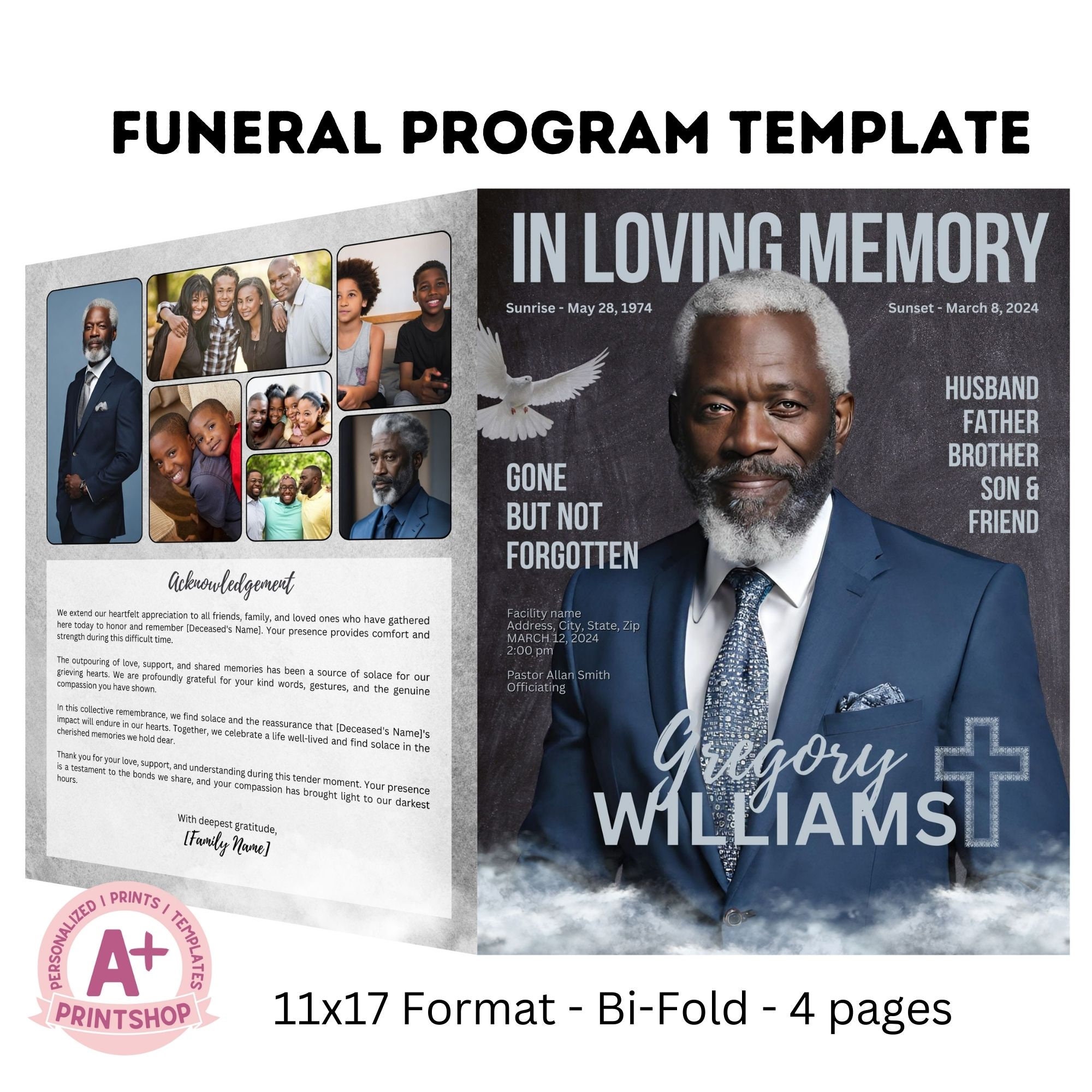 Funeral Program Template, Canva, Obituary for Man, Instant Download ...