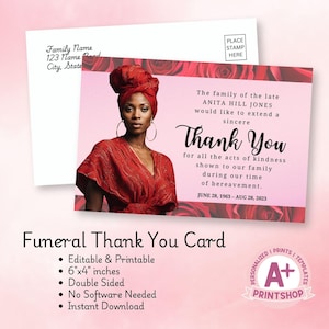 Plantilla de tarjeta de agradecimiento conmemorativa, tarjetas de agradecimiento para funerales, tarjeta de condolencias imprimible, plantilla editable, tarjetas personalizadas, plantilla de Canva