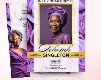 May include: Funeral program template featuring a purple floral design. The template is bi-fold and comprises four pages. The program includes a photograph of a woman, the text "In Loving Memory of Deborah Singleton", and the dates of her birth and death.