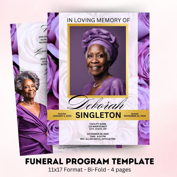 Funeral Program Template | Purple Obituary  | Instant Download  | Printable & Editable | Customizable