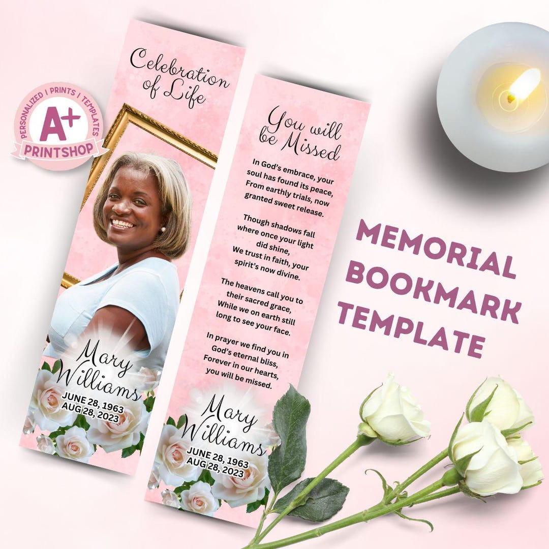 Memorial Bookmark Template, Editable Funeral Program (canva) - Etsy