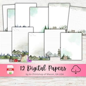 Papelaria digital inspirada na natureza, tema de floresta, montanhas e árvores, pautado e sem pauta, download instantâneo para impressão, aquarela, álbum de recortes