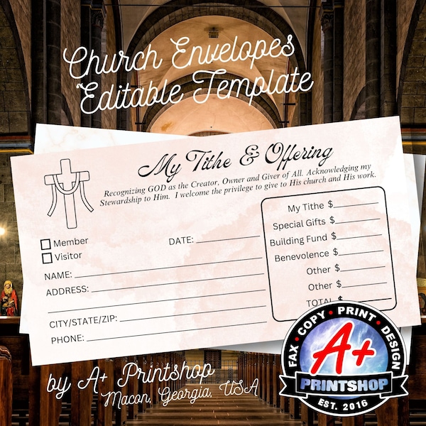 Church Envelopes Template, Tithe Offering Tithing Editable and Printable DIY Template