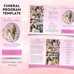May include: A pink and white tri-fold funeral program template with a photo of a woman and floral accents. The template includes sections for "In Loving Memory", "Obituary", "Order of Service", and "Acknowledgement".