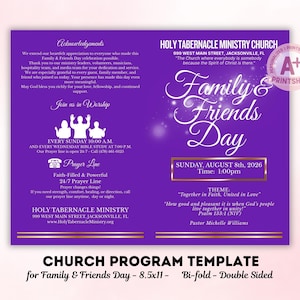 May include: A purple church program template for Family & Friends Day. The bi-fold, double-sided design includes event details, acknowledgements, and the theme "Together in Faith, United in Love." The program is 8.5x11 inches.