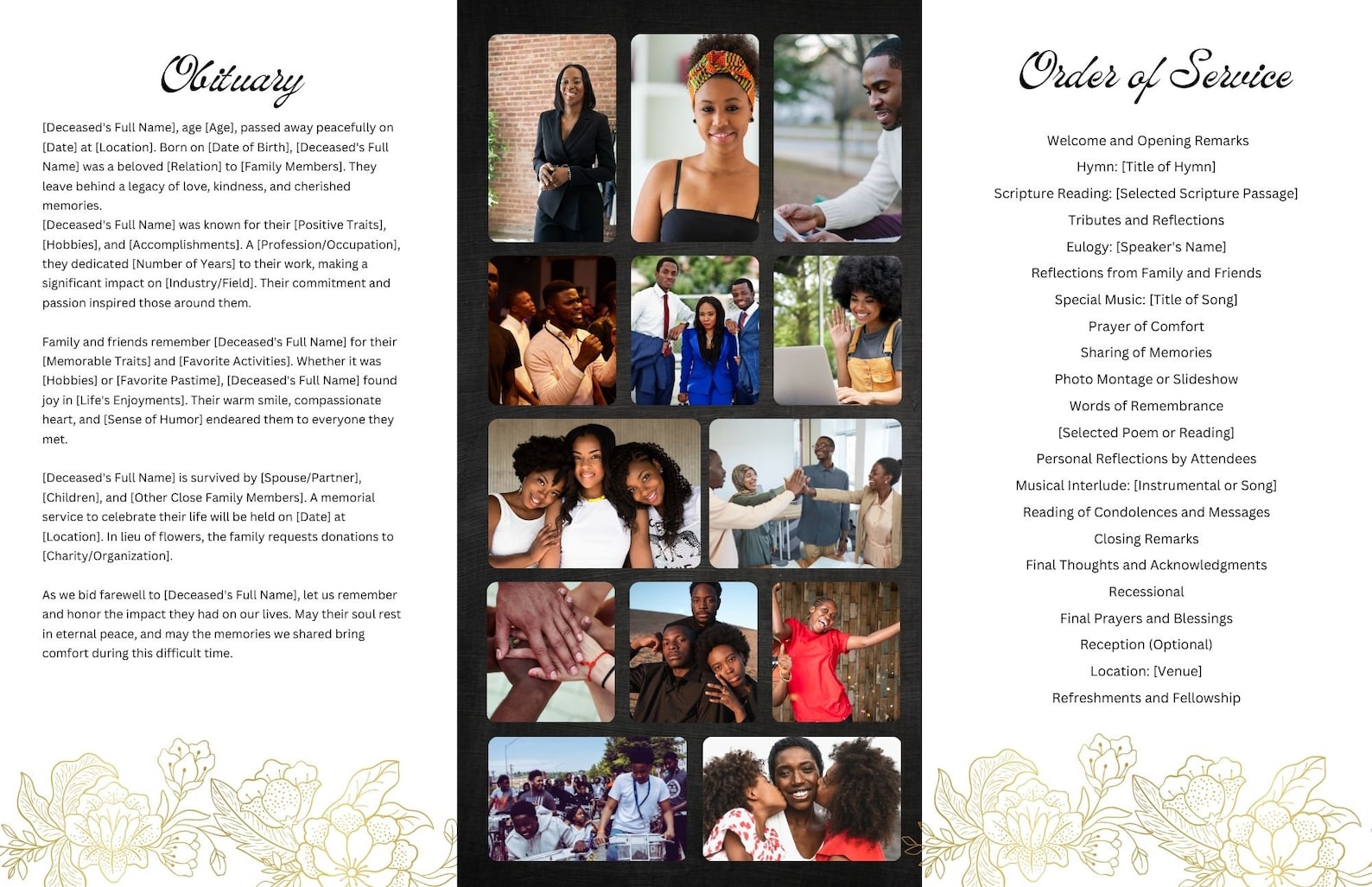 Funeral Program Template Black Obituary Template Instant Download