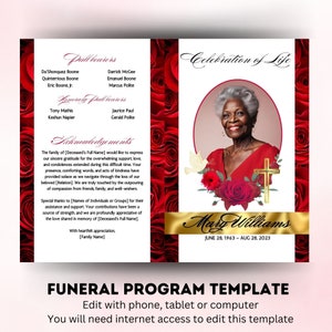 8 Page Funeral Program Template, 8.5x11, Bi-fold, Red Obituary Template ...
