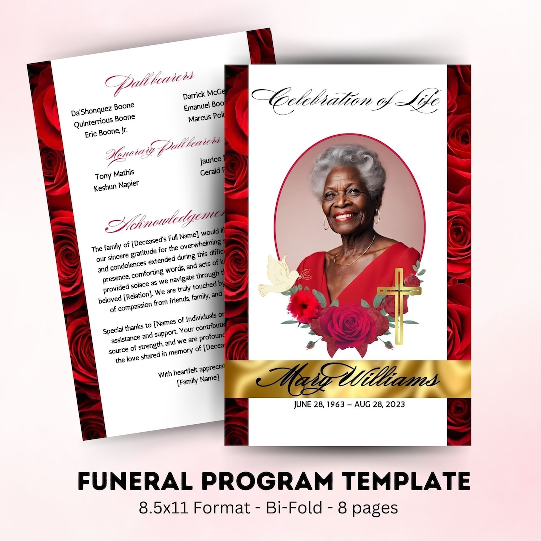 8 Page Funeral Program Template 8 5x11 Bi fold Red Obituary Template