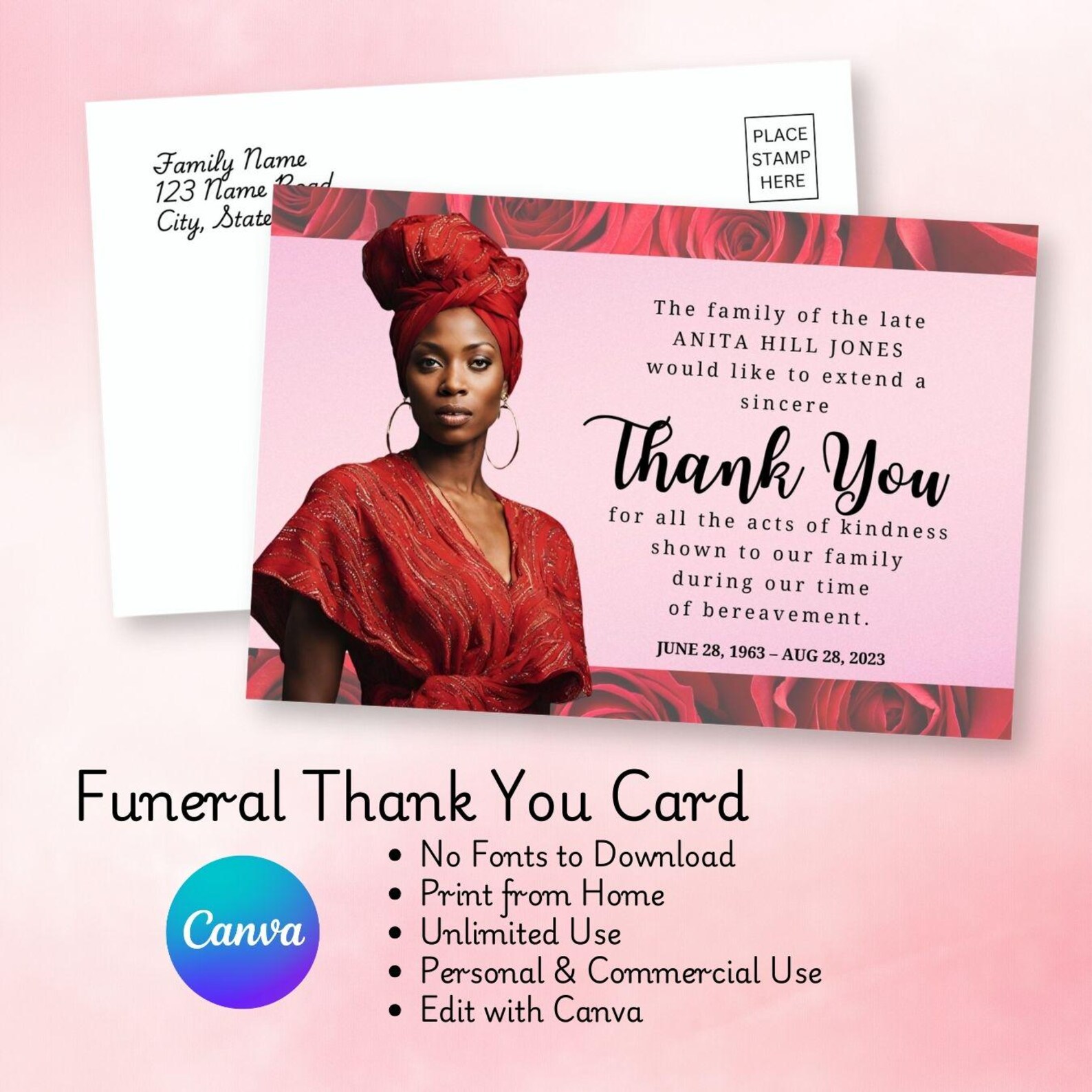 Memorial Thank You Card Template, Funeral Sympathy (canva Template) Etsy