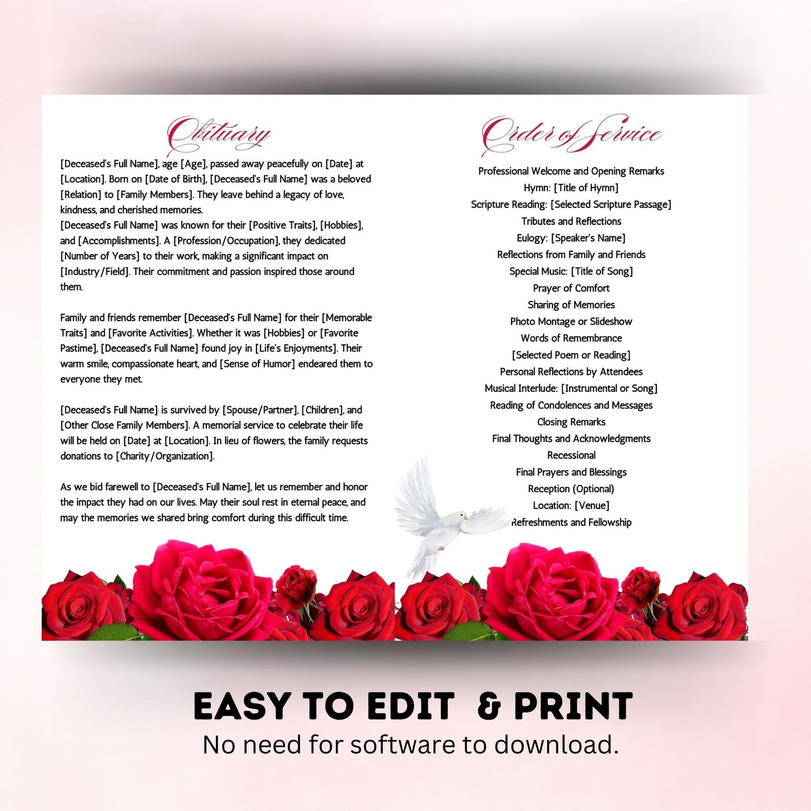 Red Roses Funeral Program Template, Celebration of Life (digital ...