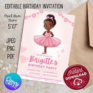 Birthday Invitation Template, Digital Invitations, African American, Black Melanated Ballerina Princess Invites, Editable Printable Download