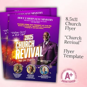 May include: Purple flyer with white text announcing a 2025 Church Revival at Holy Tabernacle Ministry in Macon, Georgia. The flyer includes the dates and times of the revival, as well as the names of the guest speakers. The flyer also features a photo of a man in a purple suit.